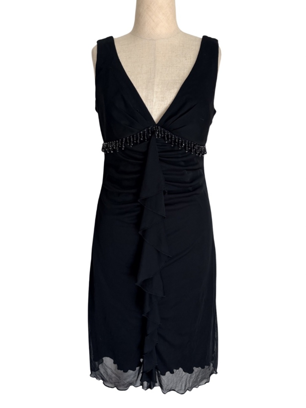 VTG USA Women Black Beaded Plunging Neck Dress Y2K Whimsigoth Fairy Ruched M